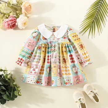 Baby Dress Baby Girl Drabužiai Lėlės kaklas Suknelė ilgomis rankovėmis Spalvinga languota korėjietiško stiliaus medvilninė suknelė vaikams
