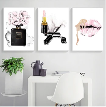 Pink Lips Print Kvepalų plakatas Lūpų dažai Makiažas Sienų dailė Tapyba Mados plakatai ir atspaudai Gėlių sienos paveikslėliai Miegamojo dekoras