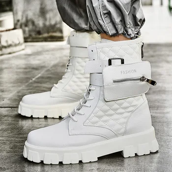 Punk stiliaus vyriški balti batai madingi kišeninio dizaino vyriški platforminiai batai High Street odiniai kulkšnies batai vyrams Botas Para Hombre