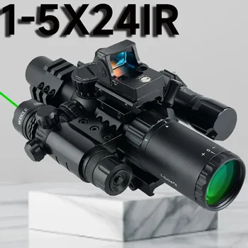 1-5X24 IR taktinis teleskopas Komplektas su lazeriu ir šviesa Plataus kampo airsoft šautuvas Medžioklinė optika Šaudymo pistoleto taikiklis AR