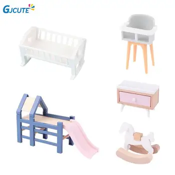 1/6 1/12 Scale Dollhouse Baby Bedroom baldų priedai Čiuožykla/Trojos arklys/Stalas/Valgomojo kėdė/Lova Vaikams Apsimestinis žaidimas Žaislas