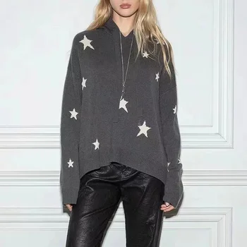 100% kašmyro moterys Naujas rudens žvaigždės žakardas su gobtuvu ilgomis rankovėmis laisvalaikio megztinis