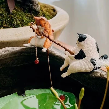 1Pc Mielas mini žvejų kačių papuošalai Akvariumo dekoras Žuvis Apželdinimas Animacinis filmas Katės statula Derva Figūrėlė Namų stalo dekoravimas