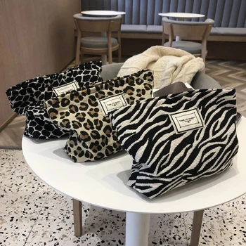 1PCS Makiažo krepšys Moterys Leopard Zebra Kosmetikos krepšys Maišelis Drobė Užtrauktuku užtrauktukas Makiažo krepšys Kelionės Skalbimo makiažo organizatorius Grožio dėklas