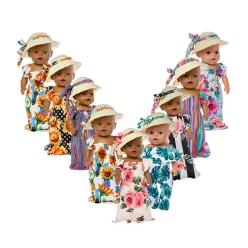 2019Nauja šiaudinė skrybėlė + suknelė Lėlių drabužiai tinka 43cm kūdikiui Lėlių drabužiai atgimsta Lėlių aksesuarai
