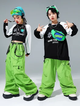 2023 Berniukai Pramoginiai hiphopo šokių kostiumai vaikams Laisvi marškiniai Žalios kelnės Kostiumas Mergaitės Džiazo pasirodymas Sceniniai drabužiai DQS14562