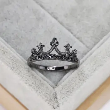 2023 Fashion New Hot Selling S925 Sterling Silver Plated Gun Black Diamond Crown Ring Simple Small Fresh Women's Ring
