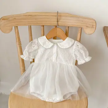 2023 Kūdikių vasaros drabužiai Nėrinių siuvinėjimas trumpomis rankovėmis Kūdikių mergaičių smėlinukai Naujagimis Baltas tiulis Princesės kombinezono suknelė