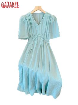 2023 Mėlyna trumpomis rankovėmis V formos kaklo plisuota nauja suknelė Vasaros elegantiška laisvalaikio festivalio suknelė Moterys Korėjietiška Bodycon vakarinė suknelė