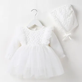 2023 Nauja 1-ojo gimtadienio suknelė ilgomis rankovėmis Medvilnės siuvinėjimas Princesės suknelė + skrybėlė Rudens pavasario kūdikių suknelė Fotografijos rekvizitai