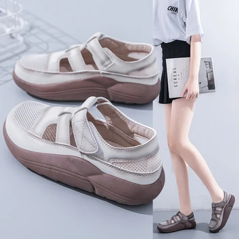 2023 Nauji vintažiniai tinkliniai laisvalaikio moteriški laisvalaikio batai Kvėpuojantys sandalai Moteriški paplūdimio batai Tuščiaviduriai moteriški plokšti batai