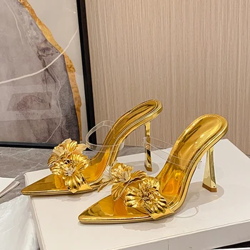 2023 Naujo dizaino odinės gėlės Smailusis pirštas Ploni aukštakulniai Šiuolaikinės šlepetės Moteriškos basutės Vasaros mados vakarėlio batai
