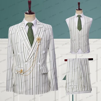2023 New Men Business High End White Linen Šviesiai Green Vertical Stripe Wedding Party Groom kostiumai 3 Vienetų komplektas Švarko kelnės Liemenė