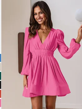 2023 rudeninė sprogstamoji suknelė Europietiškas ir amerikietiškas moteriškas V formos sijonas plisuotas sijonas flanšinė prancūziško sijono suknelė