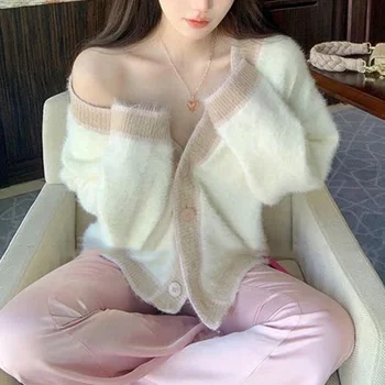 2023 Rudens elegantiškas kailis megztas megztas megztinis Moterys Korėjietiško stiliaus megztiniai Paltai Moteriški Kawaii drabužiai Drabužiai Vakarėlių viršūnės Prašmatnus Y2K