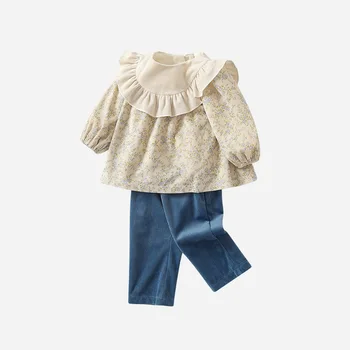 2023 Rudens mergaitės 2PCS drabužių komplektas Medvilninis gėlių ilgomis rankovėmis Broder Tops Universalus kelnių kostiumas Mažylio mergaičių apranga