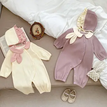 2023 Rudens naujagimių drabužiai Baby Girls ilgomis rankovėmis Romper Mielas zuikis Ausies apykaklė Mergaičių kombinezonas Medvilninis Baby-Onesie su kepurėmis