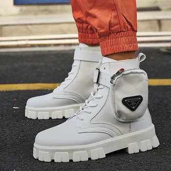 2023 Storas padas Balti vyriški batai Žieminiai aukšti viršutiniai kišeniniai batai Vyriški platforminiai batai Retro madingi gatvės drabužiai Superžvaigždė Vyriška avalynė
