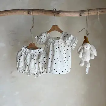 2023 Summer New Baby Girl marškiniai trumpomis rankovėmis kvadratinėmis apykaklėmis Šortai 2vnt Suit Infant Dot Print Drabužių komplektas Mažylių apranga