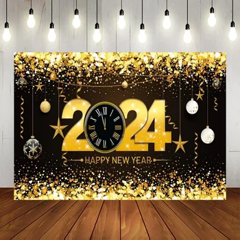 2024 Laimingų Naujųjų metų fonas Juodas auksas Išvakarių reklamjuostė Nuotraukų fonas fotografijai Naujųjų metų vakarėlių dekoracijos