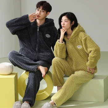 2024 Naujas porų su gobtuvu pižamų komplektas Moterys Vyrai Žiema Sutirštinti pižamos miego drabužių komplektas Flaneliniai korėjietiški namų drabužiai Šilti pižamos gobtuvai