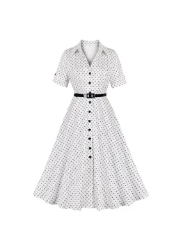 2024 Naujos vintažinės polka taškuotos ilgos suknelės Baltos pavasario vasaros moterys Apversta apykaklė Viena krūtinė Aukšto juosmens retro marškinių suknelė