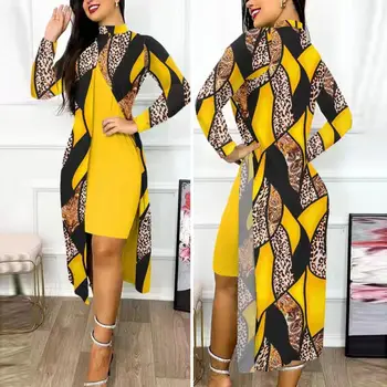 2Pcs/Set Elegantiškos moteriškos suknelės Skara Geometrinis atspaudas Kontrasto spalva Slim Bodycon Front Split Midi Cover Up Suknelių komplektai