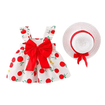 2Pcs/Set Flowers Baby Girl Suknelės Summer Fashion Toddler Children Clothes Beach Smooth Dress Kid's Suit + Hat 0 To 3 Y