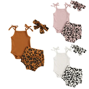 3 vnt Vasaros naujagimių mergaičių drabužiai Apranga Megztos medvilnės bakų viršūnės Romper viršūnės + leopardo šortai + galvos apdangalų komplektai