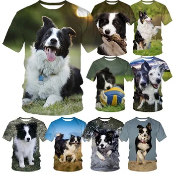 3DT-Unisex Mielas šuo Printed Tops Borderkolio 3D marškinėliai Laisvalaikio apranga Sportinis trikotažas Apvalus kaklas Trumpomis rankovėmis