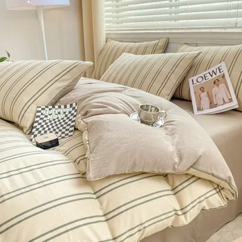 4 dalių išskalbtos medvilnės komplektas Dvisluoksnis verpalų antklodės užvalkalas Šiltos lovos paklodės Minimalistinio stiliaus namų patalynės reikmenys