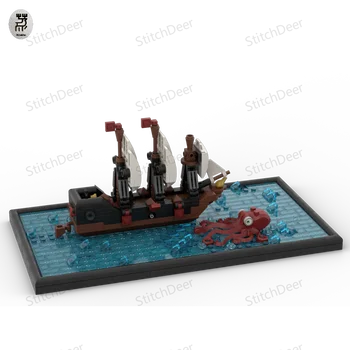 630PCS MOC Viduramžių mini piratų laivas susitikimas su Kraken statybinių blokų valties surinkimo modeliu Žaislinių kaladėlių vaikų gimtadienio dovana