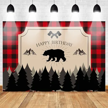 7x5FT Buffalo Plaid Lumberjack Chopping Bear Boy Baby Shower Happy Birthday Custom Photo Background Background Vinyl 220cm x 150cm