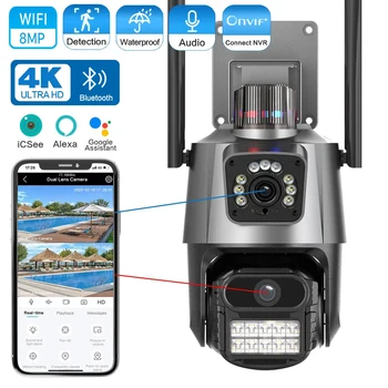 8MP 4K Wifi IP kamera lauke 4X priartinimas Dvigubas objektyvas 360 laipsnių dvigubi ekranai PTZ kamera Automatinis sekimas CCTV stebėjimo vaizdo kamera
