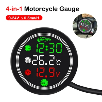 9-24V Motociklo termometras LED skaitmeninis ekranas Elektroninis 4 in 1 vandens temperatūros matuoklis Voltmetro matuoklis Žemos įtampos signalizacija