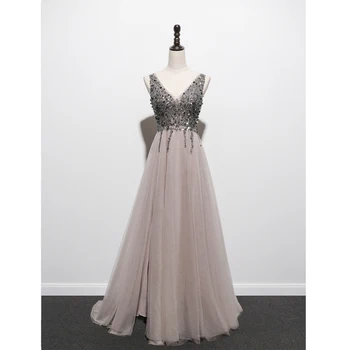 A-Line elegantiška moteriška vakarinė suknelė Gaivi ir natūrali Deep V Back Prom suknelė Lieknas temperamentas Grindų ilgis ilgomis rankovėmis Su nėriniais