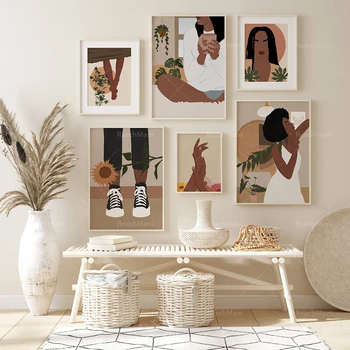 afroamerikietės mergaitės plakatas, gėlių sienų menas, botaninė iliustracija, juodoji mergaitės magija, boho, garbanotų plaukų mergaitė, moters portretas