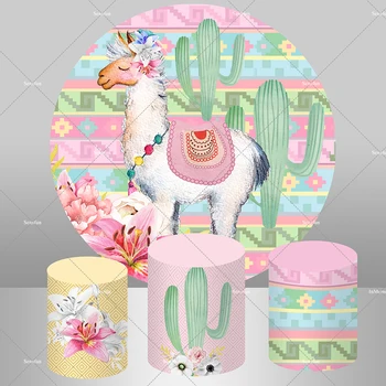 Alpakų kaktusas Gimtadienio šventės dekoracijos Apskritimo viršelis Apvalus fonas Meksikos tema Lama ožka Vakarėlis Foninė fotografija