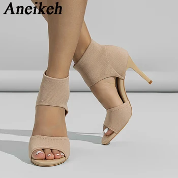 Aneikeh 2024 Style Peep Toe Ankle Boots Sandal Stretch Women Fabric Out Kvėpuojantys bateliai Sexy Dance Pole Ladies Pumps Batai