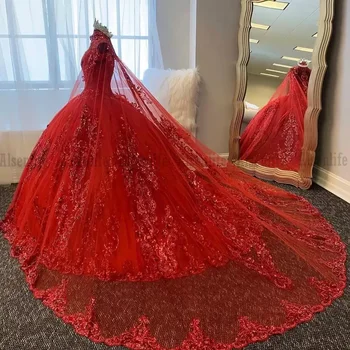 ANGELSBRIDEP Raudoni kamuoliniai chalatai Quinceanera suknelės su Cape Sequin aplikacija Korseto tūris Princesės gimtadienis Vestidos de 15 Anos