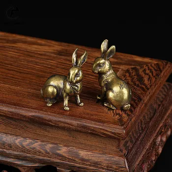 Antikvarinis varinis zodiakas Mielas triušis Statulos papuošalai 1 pora Vintage Solid Brass Animal Miniatiūrinė figūrėlė Arbata Naminių gyvūnėlių stalo dekoravimas