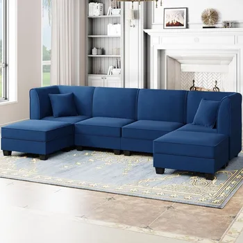 Apverčiamas modulinis sekcijinis sofos komplektas, kabrioletas negabaritinis U formos sofos kušetė su osmanais, aksominė miegamoji sofa, giliai mėlyna