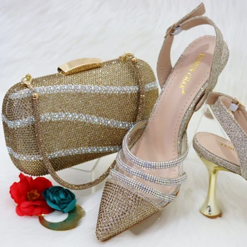 Aukso spalvos batų ir piniginės rinkinys Išskirtinis tinklinis mini mažas krepšys elegantiško dizaino nėrinių aukštakulniai vakarėlio batai ir krepšys