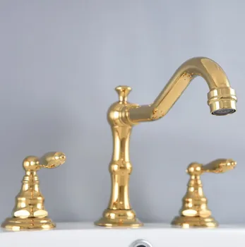 Aukso spalvos žalvaris Plačiai paplitusi dviguba rankena Vonios kambario skalbimo baseino maišytuvo čiaupai Ant denio sumontuotas 3 skylių tualeto kriauklės maišytuvas anf984
