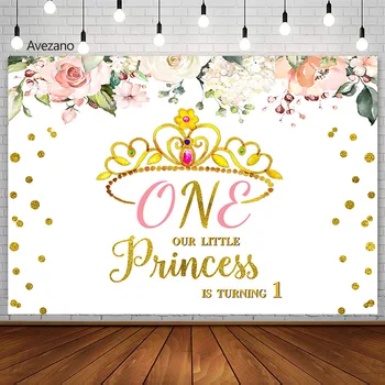 Avezano Baby Shower Photography Background Pink Floral Gold Crown Girl 1st Birthday Party Princess Backbackground Photo Studio Props