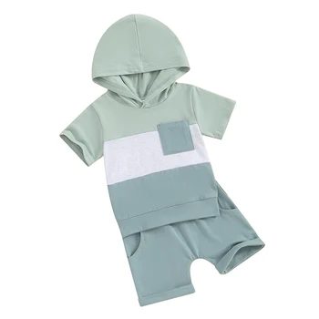 Baby Boy Summer Apranga Trumpomis rankovėmis kontrastinės spalvos Gobtuvas su gobtuvu Susukti šortai Komplektas Mažylio drabužiai