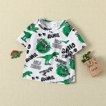 Baby Boy Summer Clothes Dinosaur Letter Print Marškinėliai trumpomis rankovėmis apvaliu kaklu su vienspalviais šortais 2Vnt apranga