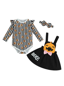 Baby Boys Adorable Halloween kostiumų rinkinys Ghost Print Romper su gobtuvu ir kelnės su skrybėlės rudens apranga