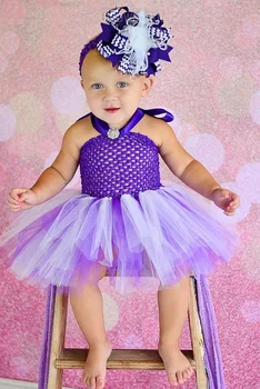 Baby Crochet Tutu suknelė Merginos Pūkuotas 1Layer Tiulio baleto tutus su deimantiniu dirželiu ir plunksnų galvos juostos rinkiniu Kūdikių vakarėlių suknelės