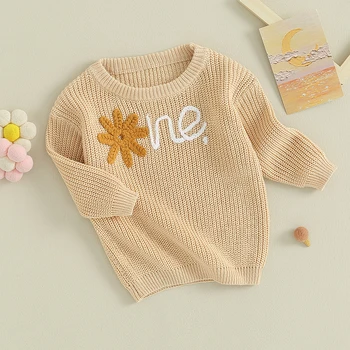 Baby Girl Pirmojo gimtadienio megztinis ilgomis rankovėmis megztinis megztas megztukas Gėlė ir laiškais siuvinėti žieminiai drabužiai